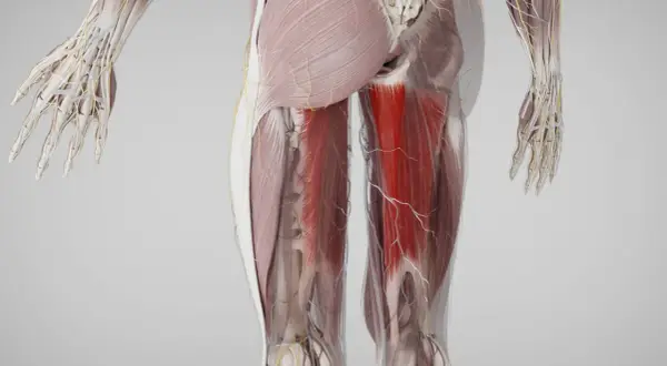 Detailansicht der Beinmuskulatur mit hervorgehobenem Adductor magnus. Nerven und Blutgefäße sind ebenfalls sichtbar.