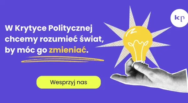 Dłoń trzymająca żarówkę symbolizującą pomysł, na fioletowym tle z tekstem.