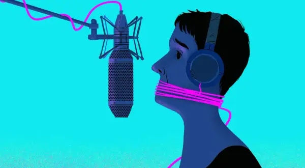 A person with headphones and a pink cord tied around their mouth faces a microphone, symbolizing the struggle of copyrighting your music.
