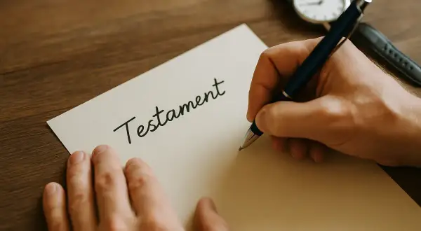 Ręka pisze długopisem słowo "Testament" na kartce. Ważne jest, jak napisać testament, by wszystko było jasne.