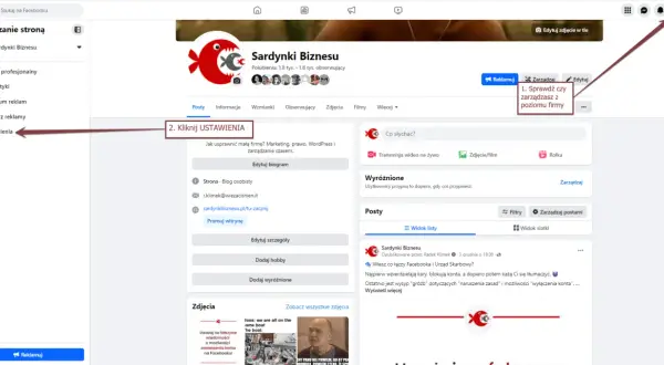 Jak sprawdzić kto jest administratorem strony na FB? Kliknij "Zarządzaj" u góry, a potem "Ustawienia".