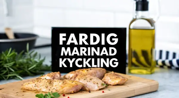 Färdig kyckling på ett skärbräde, redo att serveras. Texten "FARDIG MARINAD KYCKLING" syns i bakgrunden.