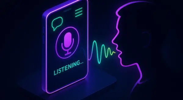 Aplikacja Gemini słucha Twoich poleceń. Neonowy profil głowy mówi, a fala dźwiękowa dociera do telefonu z ikoną mikrofonu.