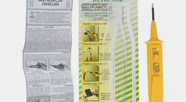 Żółty tester elektryczny FAZER 777 z instrukcją obsługi. Idealny do wykrywania napięcia i ciągłości przewodów.