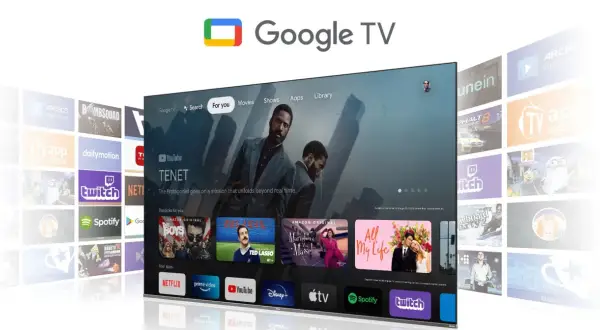 Google TV prezentuje interfejs z filmem "Tenet" i rekomendacjami. Odkryj świat rozrywki na swoim telewizorze.