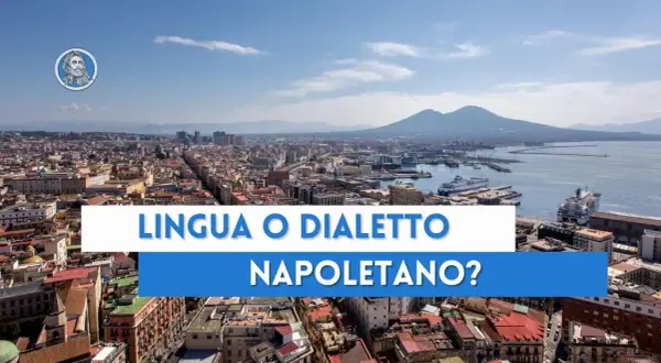 Panorama di Napoli con il Vesuvio sullo sfondo. Testo: "Lingua o dialetto napoletano?".