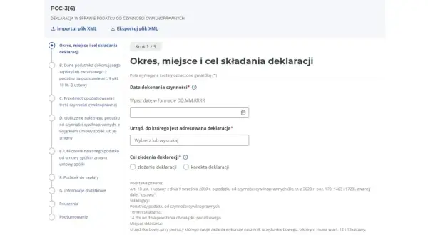 Formularz PCC-3 pdf do wypełnienia: Okres, miejsce i cel składania deklaracji. Wpisz datę, wybierz urząd i cel złożenia.