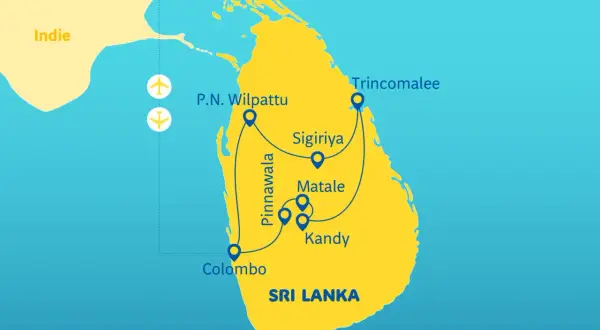 Mapa Sri Lanki z zaznaczonymi miejscami do zobaczenia: Colombo, Pinnawala, P.N. Wilpattu, Sigiriya, Matale, Kandy, Trincomalee.