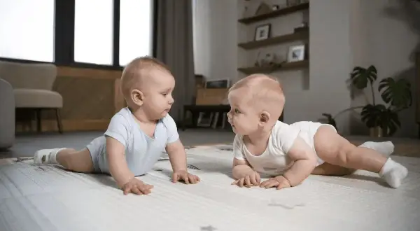 Dwa niemowlaki na macie, każde w body, patrzą na siebie. To ich pierwszy **5 skok rozwojowy**!