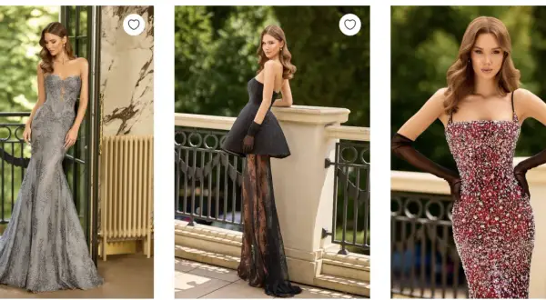 Trzy kobiety prezentują eleganckie suknie wieczorowe: szarą koronkową, czarną z tiulową spódnicą i czerwoną zdobioną kryształkami.