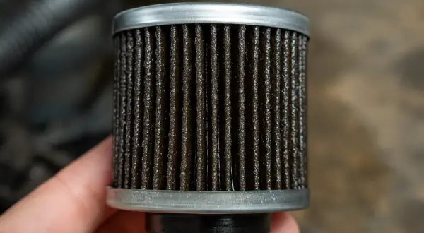 Metaliczne opiłki w filtrze paliwa – cichy zabójca Twojego silnika. Widoczny brudny filtr z metalowymi zanieczyszczeniami.