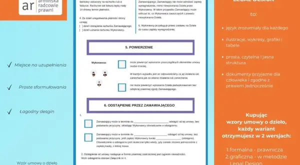 Wzór umowy o dzieło w wersji Legal Design: przejrzyste zasady, miejsce na uzupełnienia i łagodny design.