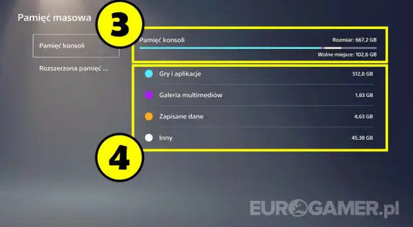 Menu PS5: Pamięć konsoli, gdzie znajdziesz informacje o tym, jak odinstalować grę na PS5, ile miejsca zajmują gry i aplikacje.
