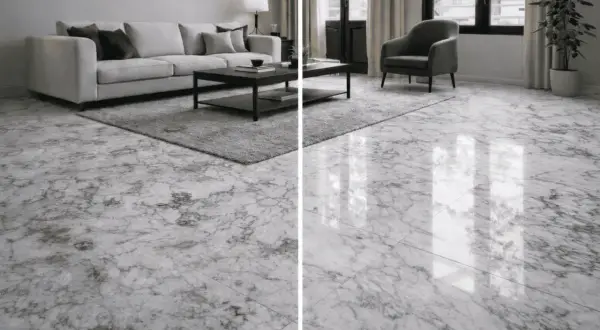 Un elegante soggiorno con un divano bianco e un tavolino, il tutto su una splendida scanalatura del marmo che riflette la luce.