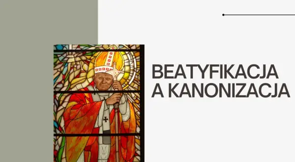 Witraż z papieżem Janem Pawłem II. Tytuł: Beatyfikacja a kanonizacja.