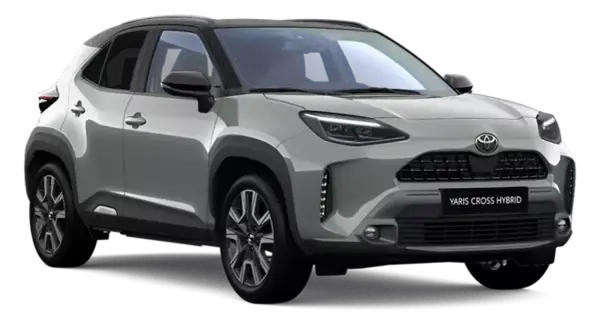 Srebrny Toyota Yaris Cross Hybrid 2025 z czarnym dachem, nowoczesnymi światłami LED i masywnymi zderzakami.