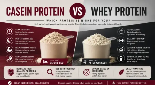 Casein vs. Whey: Langsame vs. schnelle Verdauung für Muskelaufbau und Erholung. Wähle basierend auf deinen Zielen.