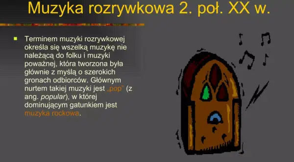 Rodzaje muzyki rozrywkowej: pop i rock. Ilustracja przedstawia radio i nuty, symbolizujące muzykę.