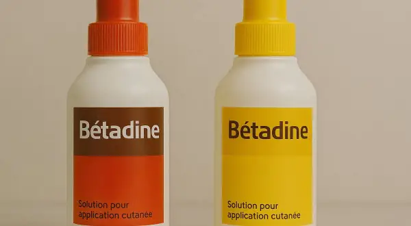 Deux flacons de Bétadine, l'un avec un bouchon orange, l'autre jaune. Idéal pour enlever tache betadine.