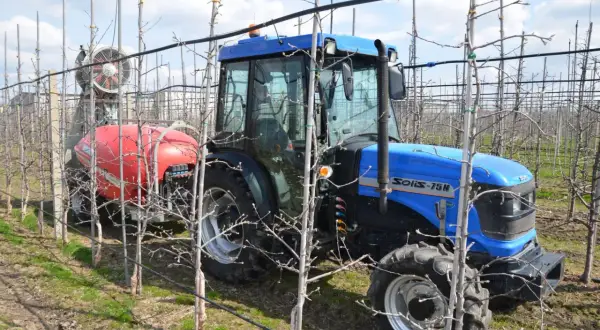 Niebieski traktor z opryskiwaczem w sadzie, przygotowany do zabiegu środkiem ochrony roślin, np. acetamiprydem, chroniącym młode drzewka.