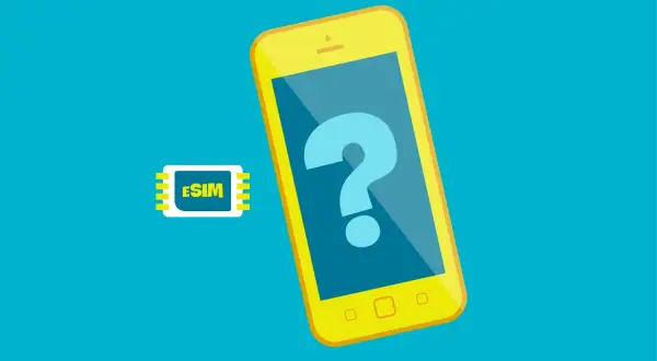 Żółty smartfon z pytajnikiem na ekranie i obok niego karta eSIM. Czy to Twój nowy nju mobile eSIM?