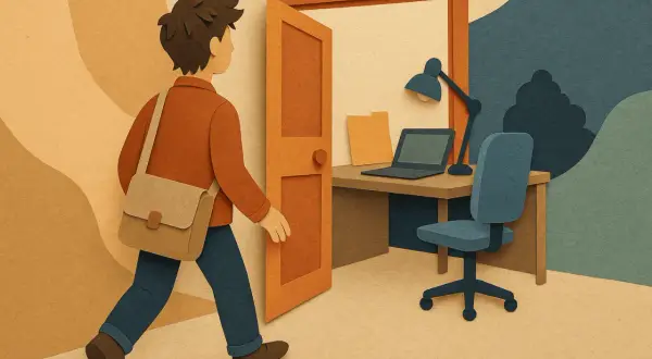 Un giovane con borsa a tracolla entra in un ufficio con scrivania, laptop e sedia. Si interroga su quanto guadagna un tirocinante.