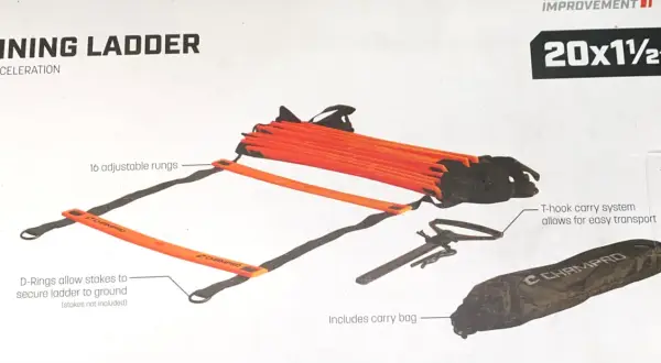 Orange agility ladder with 16 adjustable rungs, perfect for speed and acceleration drills. Includes carry bag and T-hook system.