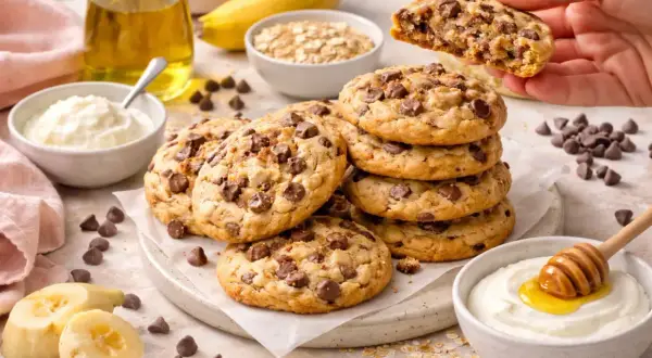Délicieux cookies sans beurre aux pépites de chocolat, accompagnés de banane, d'avoine et de yaourt.