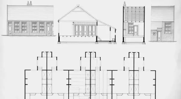 Rysunek architektoniczny przedstawia przekroje i rzuty budynku. Określenie "powierzchnia całkowita definicja" odnosi się do wymiarów widocznych na planach.