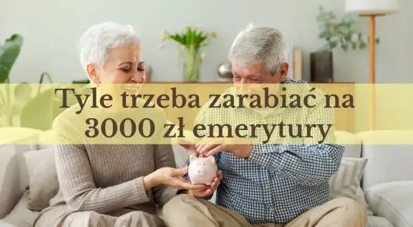 Uśmiechnięta para seniorów wkłada monetę do świnki skarbonki. Tekst: "Tyle trzeba zarabiać na 3000 zł emerytury".