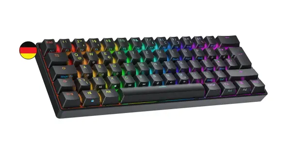 Kompakte deutsche 60%-Tastatur mit RGB-Beleuchtung. Sie hat 61 Tasten, ideal für platzsparende Setups.