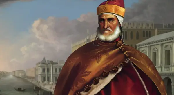 Portret doży Wenecji, idealny do Europa Universalis 4 spolszczenie. W tle wenecki kanał i budynki.
