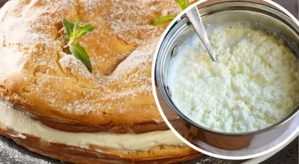 Krem do karpatki w garnku, obok gotowe ciasto przełożone kremem, posypane cukrem pudrem i udekorowane miętą.