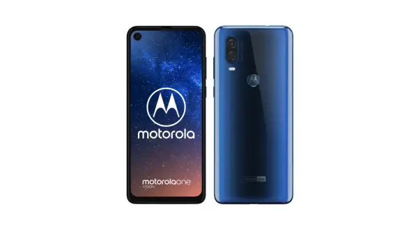 Motorola One Vision w kolorze niebieskim, z przodu i z tyłu. Wyświetlacz z motywem gwiazd i logo Motorola.