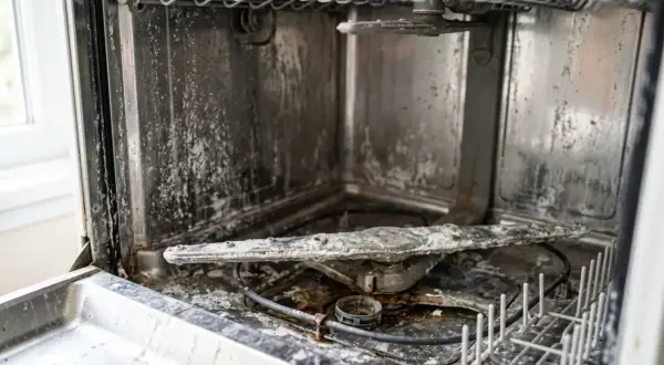 Wnętrze zmywarki wymaga gruntownego czyszczenia. Widać osady i zabrudzenia na ściankach i ramionach.