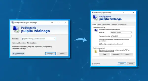 Dwa okna programu "Podłączanie pulpitu zdalnego" z różnymi polami wprowadzania danych.