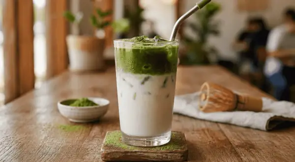 Erfrischender iced matcha mit Milch und Eis, daneben eine Schale Matcha-Pulver und ein Bambusbesen.
