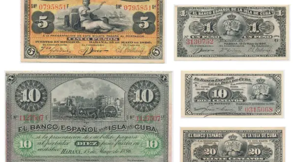 Stare banknoty z Kuby: 5, 1 i 10 pesos, gdzie jest waluta pesos. Widoczne sceny z życia i symbole narodowe.