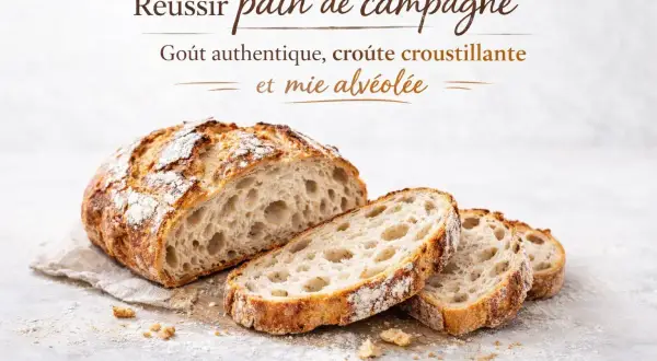 Un pain de campagne artisanal, coupé en tranches, révèle une mie alvéolée et une croûte dorée. L'art de faire du bon pain.