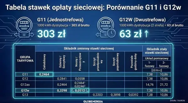 Porównanie taryf G11 i G12w: G11 kosztuje 303 zł za 1000 kWh, G12w 63 zł. Tabela stawek sieciowych.
