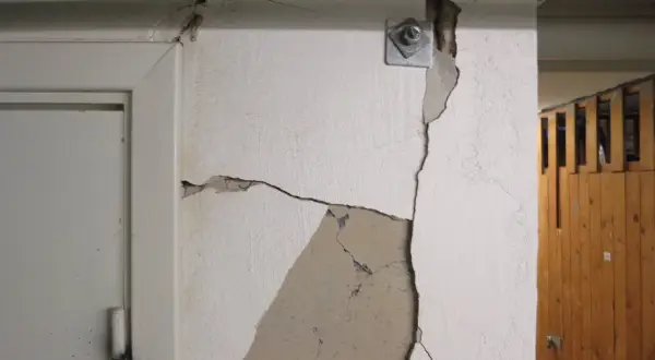 Stora sprickor i väggen visar behovet av att laga sprickor i grunden. En metallplatta med bult sitter fast i den spruckna väggen.