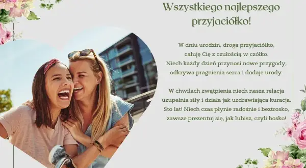 Wiersz dla najlepszej przyjaciółki: dwie uśmiechnięte kobiety, otoczone kwiatami, z życzeniami urodzinowymi.