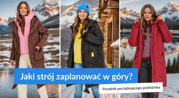 Trzy kobiety prezentują zimowy ubiór w góry: brązową, czarną i czerwoną kurtkę puchową. Idealny strój na górską wyprawę.