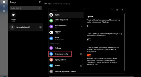Ustawienia konta na Messengerze. Kliknij w "Ustawienia konta", aby dowiedzieć się, jak usunąć konto z Messengera.