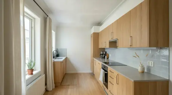 Ljust kök med ljusa träsnickerier, perfekt för att måla snickerier inomhus. Enkel inredning med diskbänk, spis och skåp.