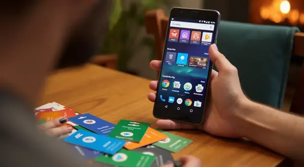 Chcesz wiedzieć, jak doładować konto Google Play Blikiem? Na stole leżą karty podarunkowe, a w ręce trzymasz smartfon z otwartą aplikacją Google Play.