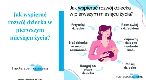 Jak wspierać rozwój dziecka w pierwszym miesiącu życia? To klucz do jego możliwości psychofizycznych. Przytulaj, noś, rozmawiaj, masuj, reaguj na płacz i zapewnij swobodę ruchu.
