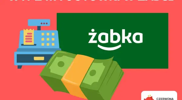 Wypłata gotówki w Żabce jest możliwa. Grafika przedstawia kasę fiskalną, banknoty i logo Żabki.