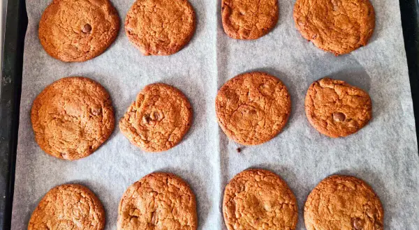 Nybakade chocolate chip cookies ligger på ett bakplåtspapper, redo att avnjutas.