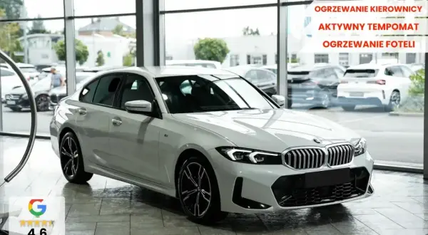 Białe BMW 318i z podgrzewaną kierownicą i fotelami, aktywnym tempomatem, gotowe do szybkiego odbioru.